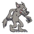 Angry wolve cartoon illustration with a stick club. Isolated image on white background. Fantasy werewolf mascot