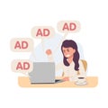 Angry woman with ads notifications from laptop, internet ad , spam. Vector illustration Royalty Free Stock Photo