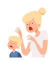 Angry woman. Baby boy crying, female screaming. Bullying, domestic violence and abusing. Isolated mother and son vector