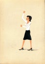 Angry woman in business clothes waving fists. Illustration on tinted craft paper