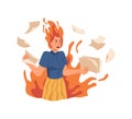 Angry woman with fire and pages, furious boss