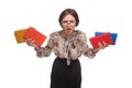 Angry woman in glasses with books isolated on