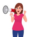 Angry woman holding a megaphone/loud speaker, raising fist and screaming or shouting loud while eyes opened widely.