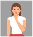 Angry woman making Silence Gesture. Be quiet Vector illustration. Secret Concept