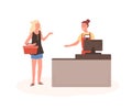 Angry woman at mall checkout flat vector illustration. Female displeased customer standing in queue cartoon characters