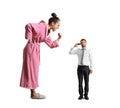 Angry woman screaming at small tired man Royalty Free Stock Photo