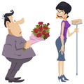 Angry woman is shouting at man with bouquet. Funny people