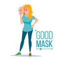 Angry Woman Wear Good Mask Vector. Bad, Tired Female. Fake Person. Deceive Concept. Isolated Flat Cartoon Business