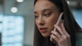 Angry woman call phone at office closeup. Executive arguing having conversation Royalty Free Stock Photo