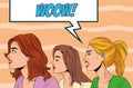 Angry women profiles with woow word in speech bubble pop art style