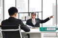 Angry yelling boss point arm to exit dismissing, Business concept, Asian people Royalty Free Stock Photo