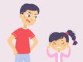 Angry yelling parent and upset child, girl ignoring man, stubborn kid covering ears