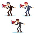 Angry young businessman character shouting through loud speaker. Cartoon character set - cute business man office worker