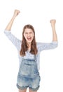 Angry young fashion girl in jeans overalls screaming isolated Royalty Free Stock Photo