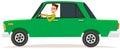 Lada, Sedan, Passenger Car With Screaming Driver. Angry Man Driving Green Car Vector Illustration