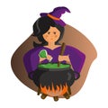 Angry young Witch with cauldrones wearing a purple dress and hats with black cat, magic potions. Royalty Free Stock Photo