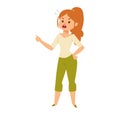 Angry young woman arguing, expressive redhead female cartoon character, hands on hips, frustration gesture. Conflict
