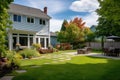 angular view showcasing the backyard of a two-story colonial Royalty Free Stock Photo