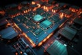 angular view of a sprawling circuit board with glowing led lights