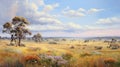 Serene Australian Landscape Painting With Flowers, Expansive Skies