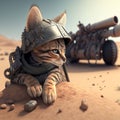 Ani AI generated illustration of a kitten wearing a helmet lying down in front of an armored vehicle