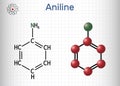 Aniline, phenylamine, aminobenzene, benzenamine, C6H5NH2 molecule. It is primary arylamine, aromatic amine, consisting Royalty Free Stock Photo