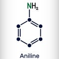 Aniline, phenylamine, aminobenzene, benzenamine, C6H5NH2 molecule. It is primary arylamine, aromatic amine, consisting