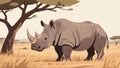 illustration of rhinoceros standing in savannah with dry grass and acacia tree Royalty Free Stock Photo