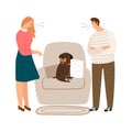 Animal abuse. Woman and man scream, angry people and sad dog vector illustration