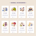 Animal Accessories Mobile App Onboarding Screens, Pet Shop, Food, Toys, Products for Care Webpages Cartoon Vector Royalty Free Stock Photo