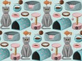 Animal accessories seamless pattern on a light blue background.