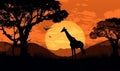 animal africa wildlife silhouette elephant safari giraffe sunset nature wild. Generative AI.