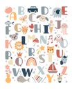 Animal alphabet. Baby Boho nursery uppercase letters. Bohemian poster with cute rainbow and clouds. English ABC font
