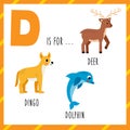 Learning English alphabet for kids. Letter D. Cute cartoon dingo dog, dolphin and deer.