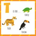 Learning English alphabet for kids. Letter T. Cute cartoon tiger turtle toucan. Royalty Free Stock Photo
