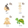 Animal alphabet with quail rabbit sheep turtle characters Royalty Free Stock Photo