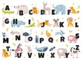 Animal alphabet in scandinavian style. Cute elephant, fox, bear, unicorn. Hand drawn cartoon animals with letters for Royalty Free Stock Photo