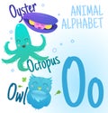 Animal alphabet in vector. O letter. Very cute cartoon animals Oyster, Octopus, Owl. Royalty Free Stock Photo