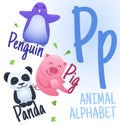 Animal alphabet in vector. P letter. Very cute cartoon animals Penguin, Pig, Panda. Royalty Free Stock Photo