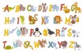 Animal alphabet vector set with english letters from A to Z, isolated on white background. Funny hand drawn style Royalty Free Stock Photo