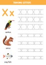 Tracing alphabet letters for kids. Animal alphabet. Letter x is for xantus xerus xray fish.