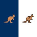 Animal, Australia, Australian, Indigenous, Kangaroo, Travel  Icons. Flat and Line Filled Icon Set Vector Blue Background Royalty Free Stock Photo