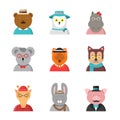 Animal avatars. Cute hipster animals fox bear dog giraffe owl in funny clothes and accessories vector flat characters