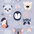 Animal baby faces seamless pattern vector illustration in simple nordic scandinavian flat style with panda, penguin Royalty Free Stock Photo