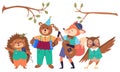 Animal band. Celebrate with wildlife orchestra. Hedgehog sings, bear plays accordion, fox plays guitar, owl dances