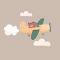 Animal bear pilot card. Cartoon Airplane with cute aviator. Baby characters. Vector mammal.
