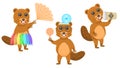 Animal Beavers With A Fan In A Dress, Drinking Coffee From A Glass, Ophthalmologist With Scapula