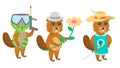 Animal Beavers With Flower And Hat, Playing Paintball, Musketeer In A Hat And With A Saber Vector