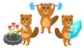 Animal Beavers Holding A Crystal, Planting Roses In A Flower Bed, Goes In For Sports With A Barbell