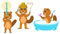 Animal Beavers With A Sword In Hand, Washes In The Bath, Cowboy With Revolver Lasso Boots And Hat